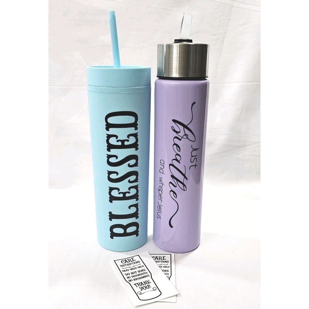 2 Plastic Tumbler 20oz With Lid Straw "Blessed""Just Breathe And Whisper Jesus"